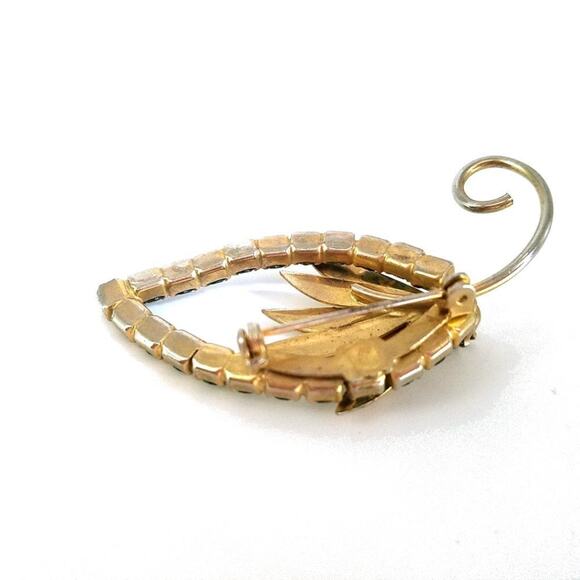 Vintage Green Rhinestone Floral Brooch, Mid-Century, 2 3/8 Inches - Picture 2 of 6